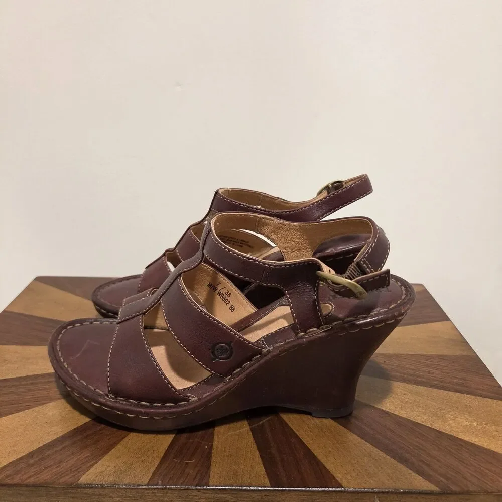 BORN Caged T-Strap Wedge Heeled Sandals US 7 Brown Leather Strappy Boho Hippie